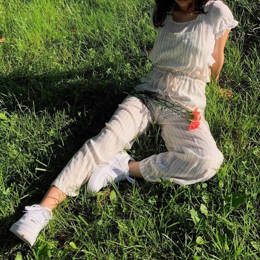 white pinstripe overalls